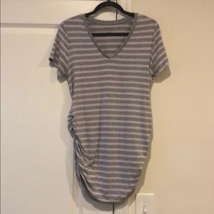 Pinkish purple and grey striped v-neck shirt